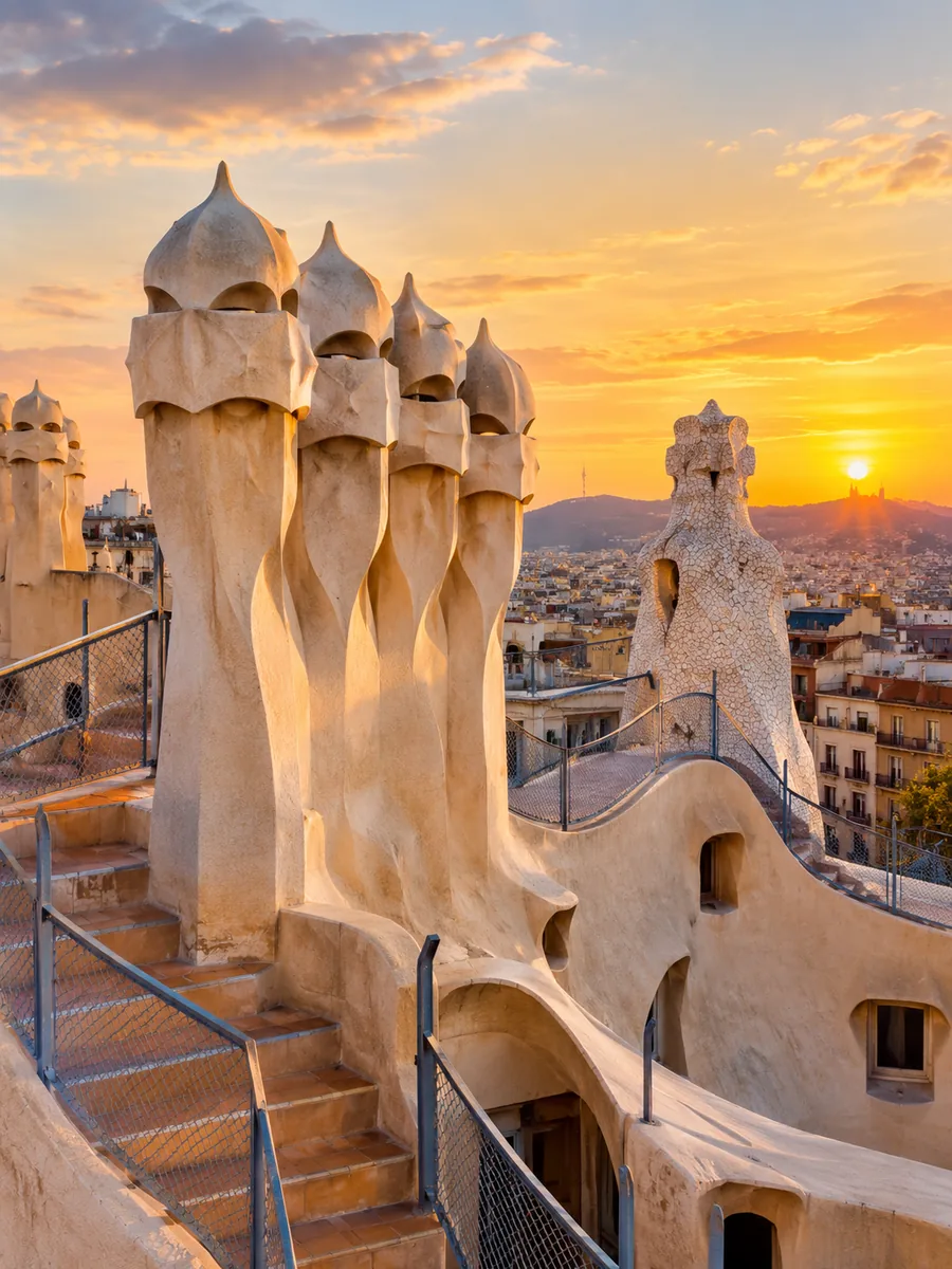 Skulpturale Schornsteine auf einer Gaudí-Dachterrasse in Barcelona bei Sonnenuntergang