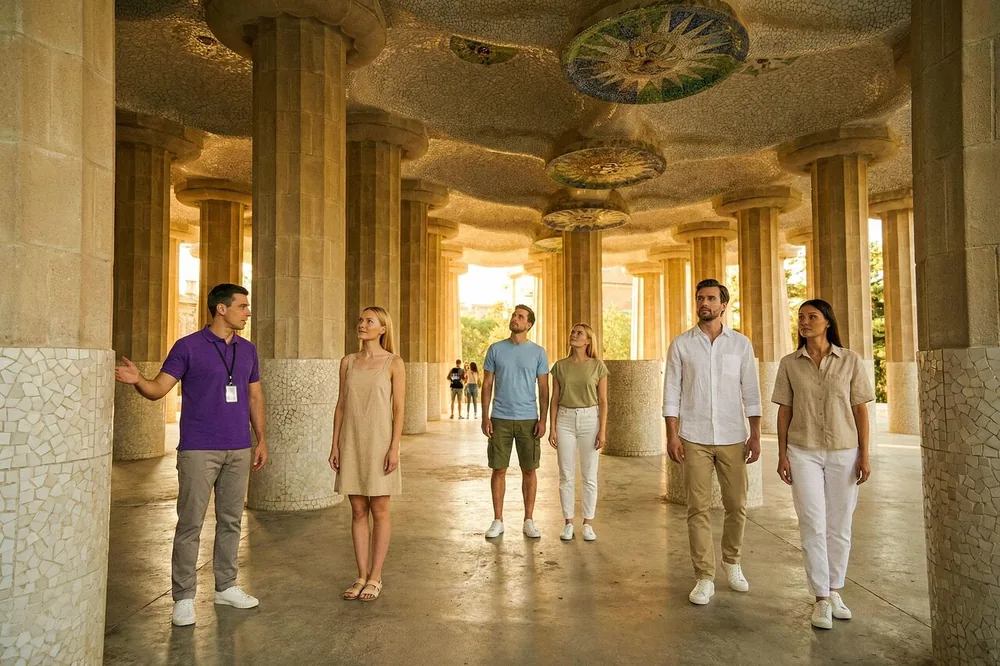 Eine kleine Gruppe geht zwischen den Säulen des Säulensaals im Park Güell