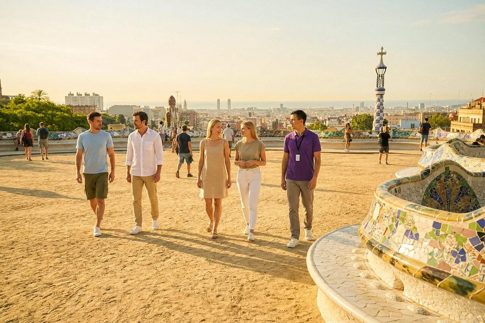 Un petit groupe marchant sur la terrasse du Park Güell à côté du banc serpentin en mosaïque