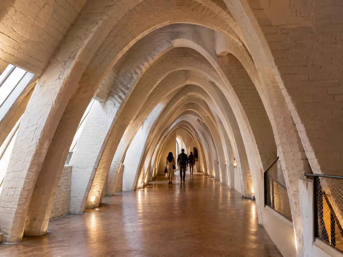 Weiße Kettenlinienbögen aus Backstein in einem Gaudí-Dachboden